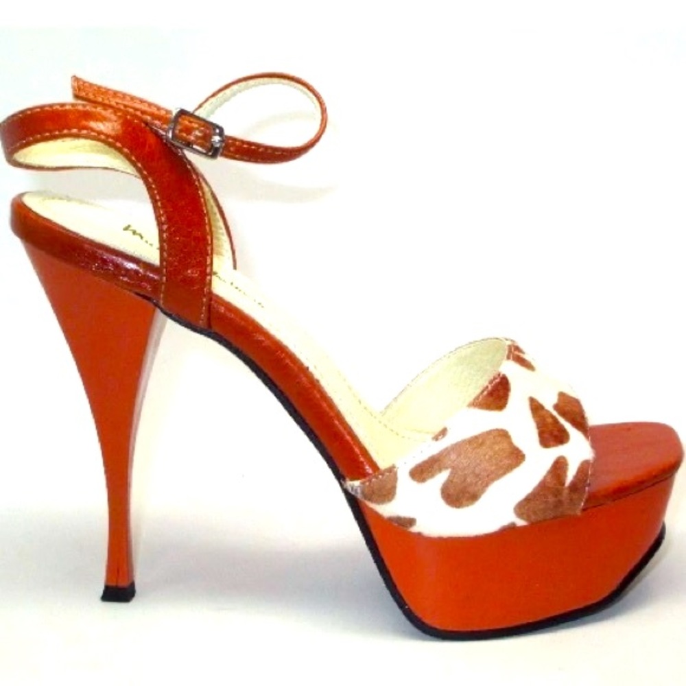 NEW Brown & Beige Faux Fur Giraffe Print Heels High Platform open toe